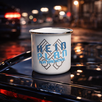 Weiße Emaille-Tasse Kein Plan nur Drehzahl 355ml