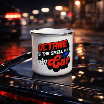 Weiße Emaille-Tasse Octane is the smell of a Car 355ml